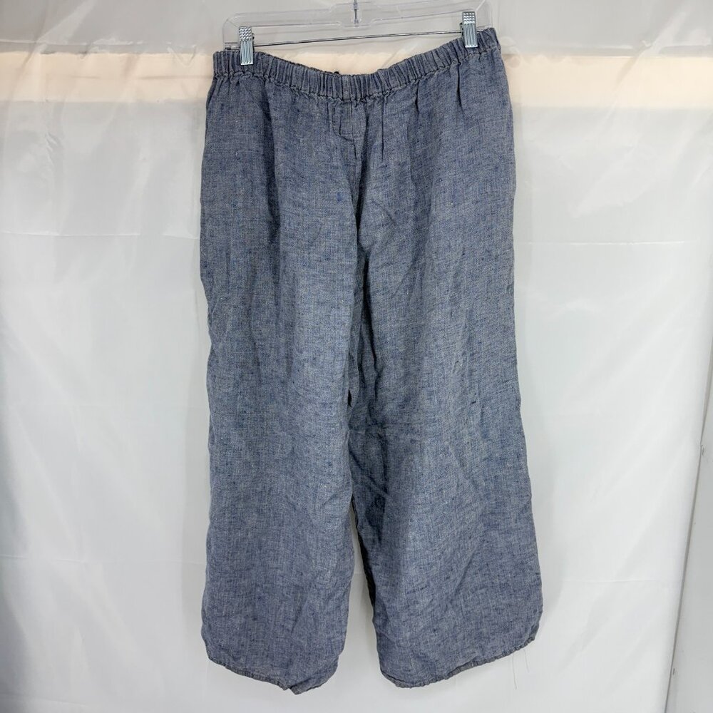 FLAX Women M Linen Pant Wide Leg Cropped Stretch Blue Breathable Lightweight - Picture 2 of 8